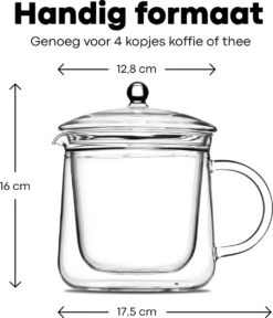 Vatten® Premium Glazen Theepot - 700ml - Dubbelwandig - Anti-drup - Transparant -Keukenproducten Winkel 1030x1200