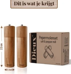 Dieux® - Peper En Zoutmolen Set - Cilinder Vorm - 22CM - Zout Peper Kruiden - 2 Stuks - Acacia Hout - Instelbare Maalgraad - Duurzaam - Luxe Kwaliteit - Hervulbaar - Pepermolen - Zoutmolen - BBQ Accesoires - Pasen -Keukenproducten Winkel 1152x1200