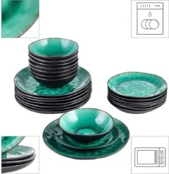 Merkloos Combiservies, 24-delig Coco Tafelservies Van Aardewerk, Raku Glazuur Effect Serviesset, Bevat Mueslikommen, Dessertborden En Dinerborden Voor 8 Personen In Vintage Look, Groen -Keukenproducten Winkel 1161x1200 1