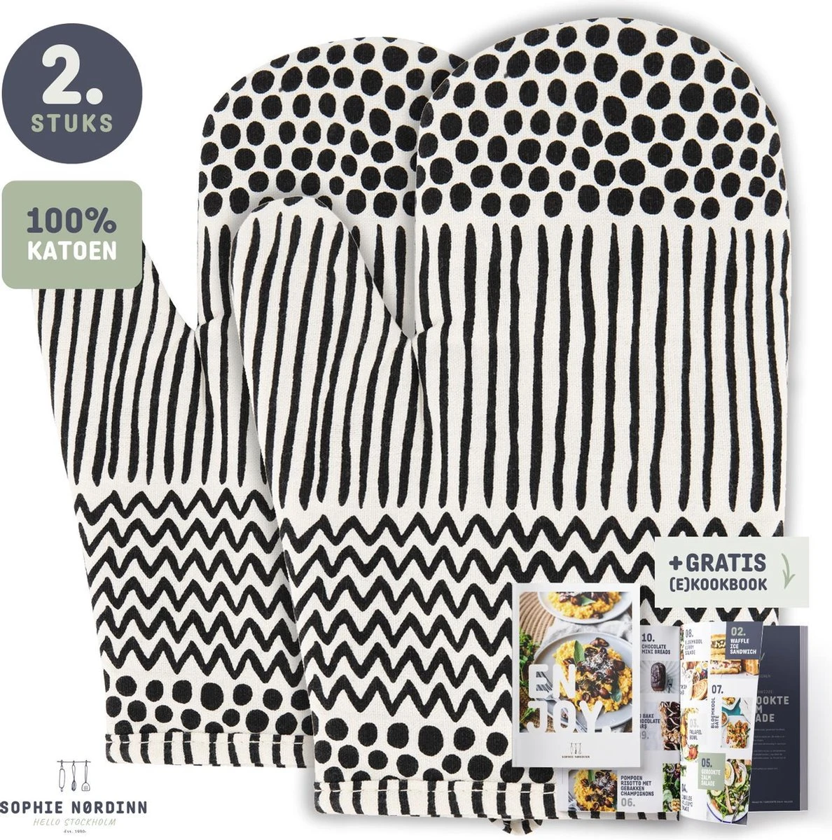 Ovenwanten Van Sophie Nordinn® - Ovenhandschoenen Lund (Artistiek Zwart) - Ovenwanten 2 Stuks - Katoen 3 Ovenwanten Van Sophie Nordinn® - Ovenhandschoenen Lund (Artistiek Zwart) - Ovenwanten 2 Stuks - Katoen