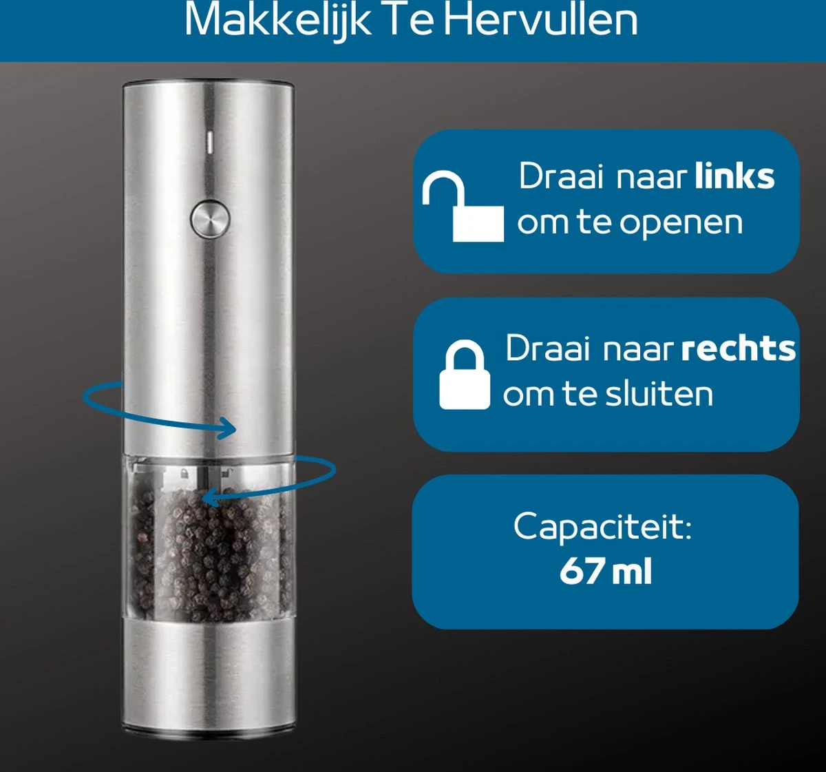 GOV Elektrische Peper- En Zoutmolen RVS XL Oplaadbaar - Automatische Pepermolen 4 GOV Elektrische Peper- En Zoutmolen RVS XL Oplaadbaar - Automatische Pepermolen - Afbeelding 2