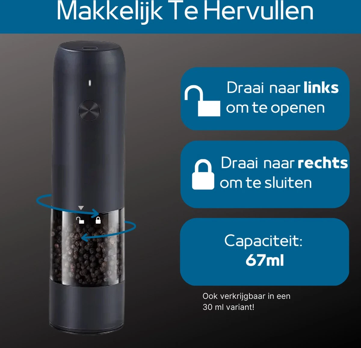 GOV Elektrische Peper- En Zoutmolen Zwart XL Set Oplaadbaar - Pepermolen - Peper En Zoutstel 5 GOV Elektrische Peper- En Zoutmolen Zwart XL Set Oplaadbaar - Pepermolen - Peper En Zoutstel - Afbeelding 3