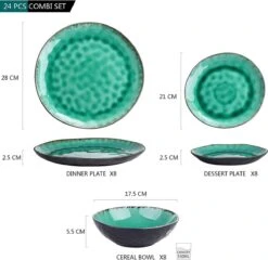 Merkloos Combiservies, 24-delig Coco Tafelservies Van Aardewerk, Raku Glazuur Effect Serviesset, Bevat Mueslikommen, Dessertborden En Dinerborden Voor 8 Personen In Vintage Look, Groen -Keukenproducten Winkel 1200x1165
