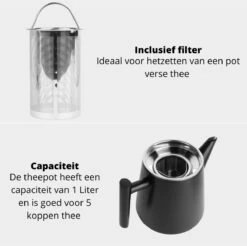 Castagnola Theepot Met Filter – Theekan – Theepot Dubbelwandig – Theepot Roestvrijstaal – Hoogwaardig RVS – 1 Liter – 5 Kopjes Thee – Zwart -Keukenproducten Winkel 1200x1195 16