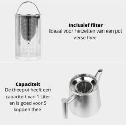 Castagnola Theepot Met Filter – Theekan – Theepot Dubbelwandig – Theepot Roestvrijstaal – Hoogwaardig RVS – 1 Liter – 5 Kopjes Thee – Zilver -Keukenproducten Winkel 1200x1195 9