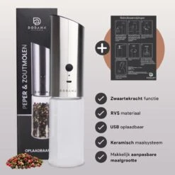 DODANA Premium Peper - & Zoutmolen Elektrisch - 1 Stuk - Pepermolen - Zoutmolen - Oplaadbaar - USB - Elektrische Pepermolen - RVS - Zwaartekracht Functie - LED Lamp - Nl Handleiding - Incl Borsteltje -Keukenproducten Winkel 1200x1199 11