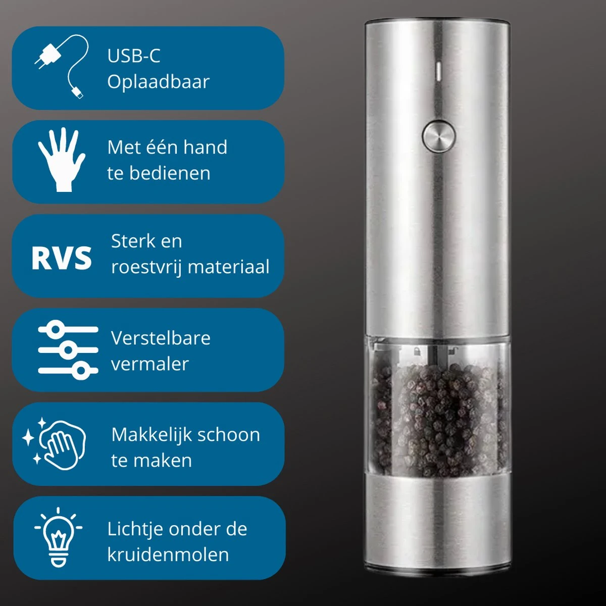 GOV Elektrische Peper- En Zoutmolen RVS XL Oplaadbaar - Automatische Pepermolen 5 GOV Elektrische Peper- En Zoutmolen RVS XL Oplaadbaar - Automatische Pepermolen - Afbeelding 3