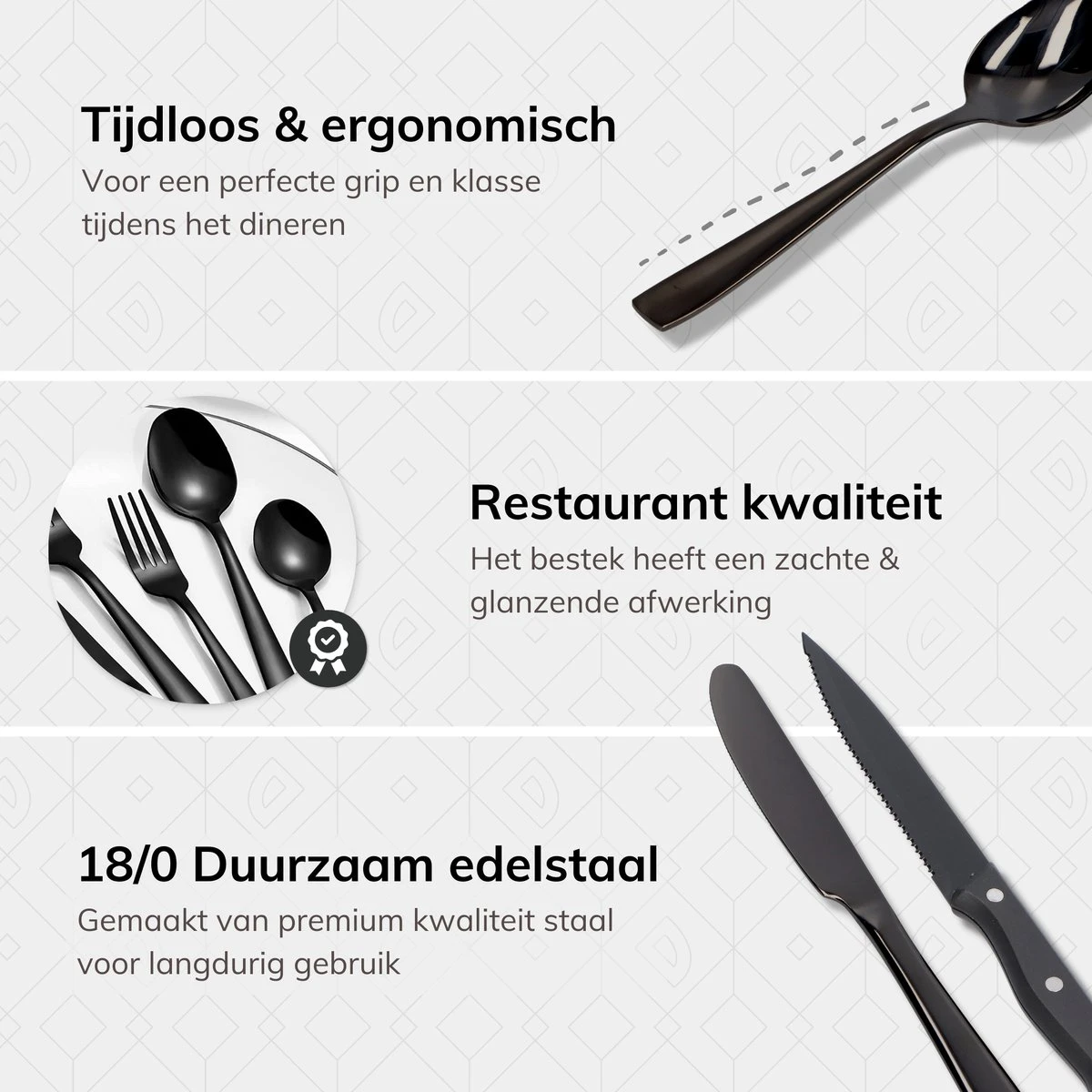 Deleca 6 Persoons Bestekset (36-delig) - Lepels, Messen, Vorken & Steakmessen - Vaatwasserbestendig - Zwart / RVS 7 Deleca 6 Persoons Bestekset (36-delig) - Lepels, Messen, Vorken & Steakmessen - Vaatwasserbestendig - Zwart / RVS - Afbeelding 6