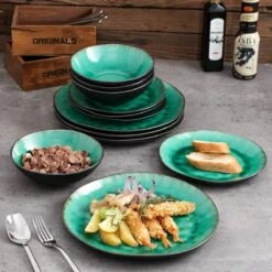 Merkloos Combiservies, 24-delig Coco Tafelservies Van Aardewerk, Raku Glazuur Effect Serviesset, Bevat Mueslikommen, Dessertborden En Dinerborden Voor 8 Personen In Vintage Look, Groen -Keukenproducten Winkel 1200x1200 969