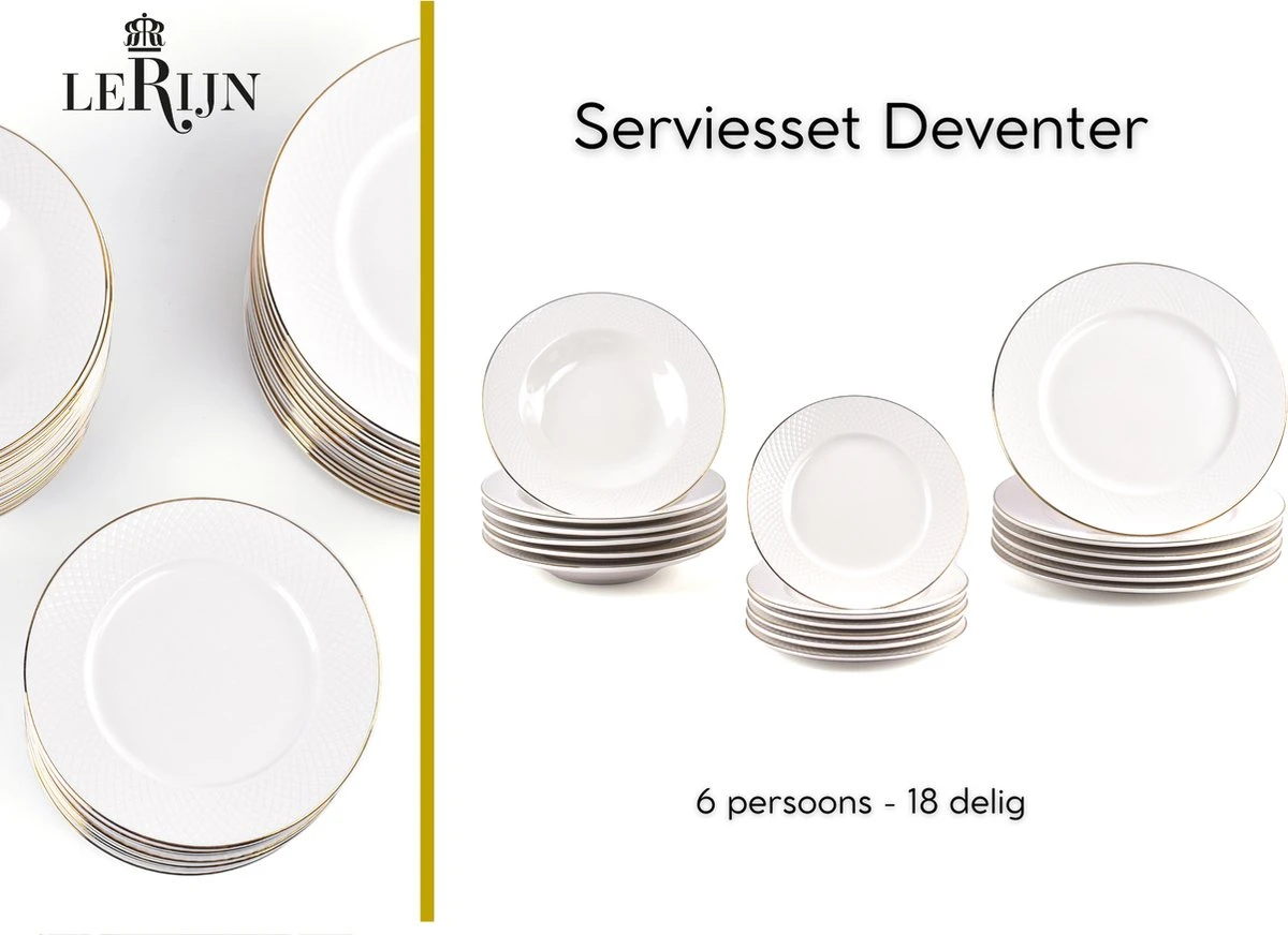LeRijn® Serviesset Deventer 6 Persoons - 18 Delig - Licht Crème Wit Met Gouden Rand En Motief - Dinerborden - Soepborden - Dessertborden - Borden Servies - Bordenset 3 LeRijn® Serviesset Deventer 6 Persoons - 18 Delig - Licht Crème Wit Met Gouden Rand En Motief - Dinerborden - Soepborden - Dessertborden - Borden Servies - Bordenset